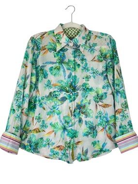 Robert Graham Women’s Floral Print Flip Cuff Button Up Shirt Sz S Ivory Green